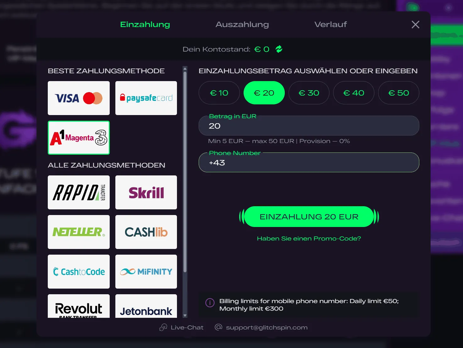 GlitchSpin Casino Einzahlung Bildschirm