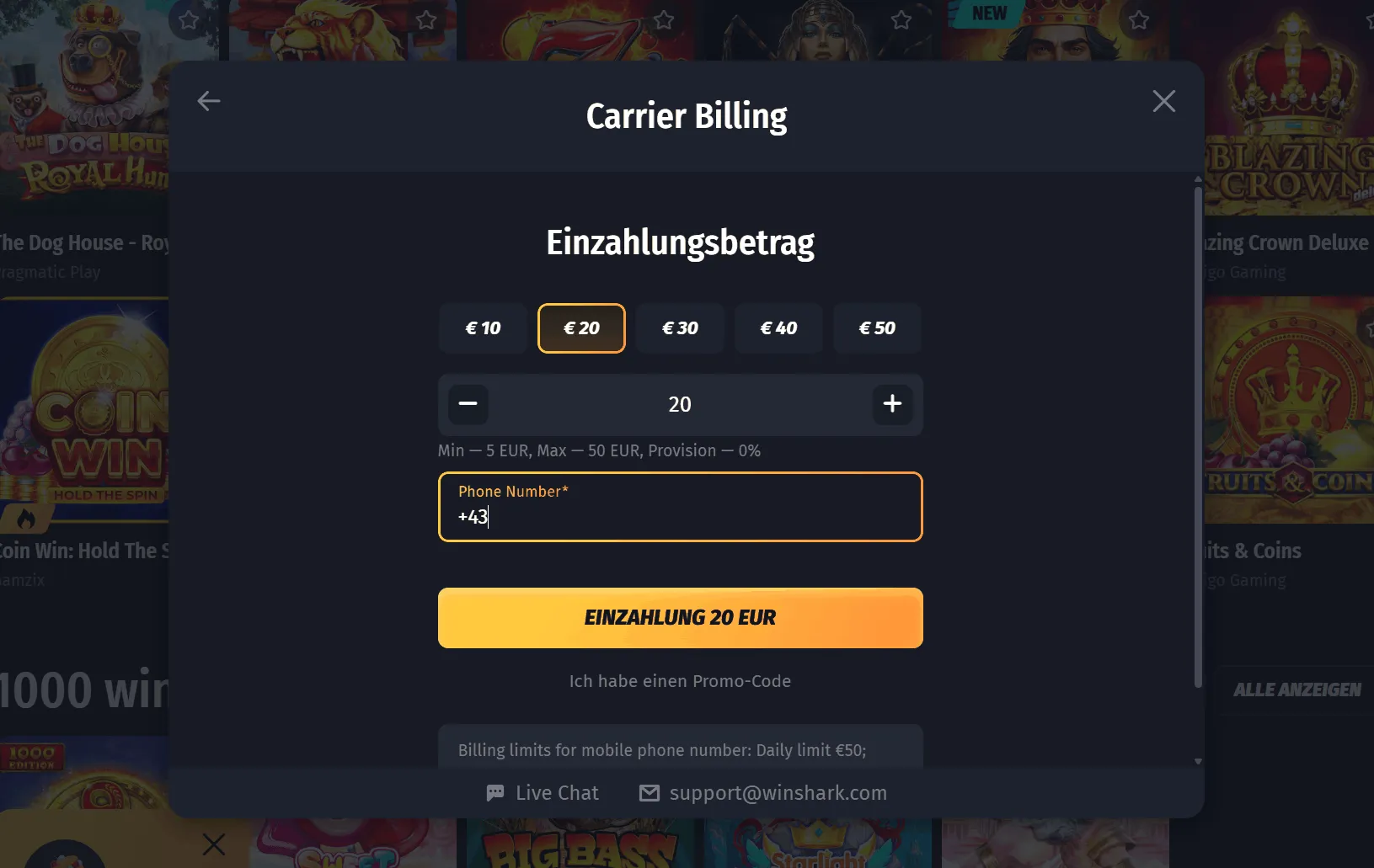 Winshark Casino Carrier Billing Bildschirm mit 5 Euro Einzahlung